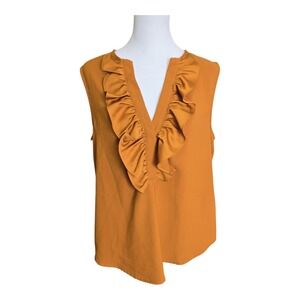 J. Crew Sleeveless V Neck Ruffle Top Women's Size M Caramel Chic Fun